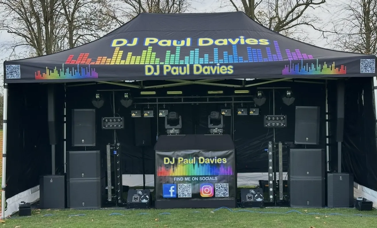 DJ Paul Davies branded outdoor festival stage and PA system at an East Anglia event